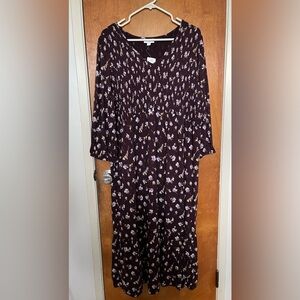 NWT J.Jill deep aubergine/burgundy maxi dress smocked top floral print 2X